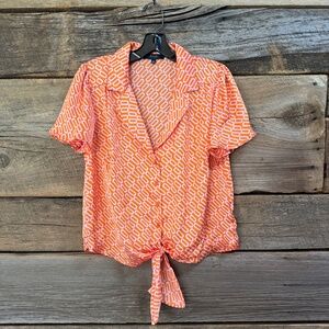 Eclair button up tie front short sleeve top, orange/white, size Med